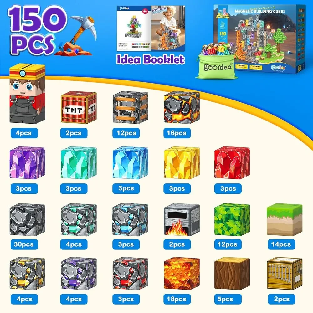 150 Magnetic Building Blocks STEM Toy, Stacking Mine World Craft Cubes, Age 3-12